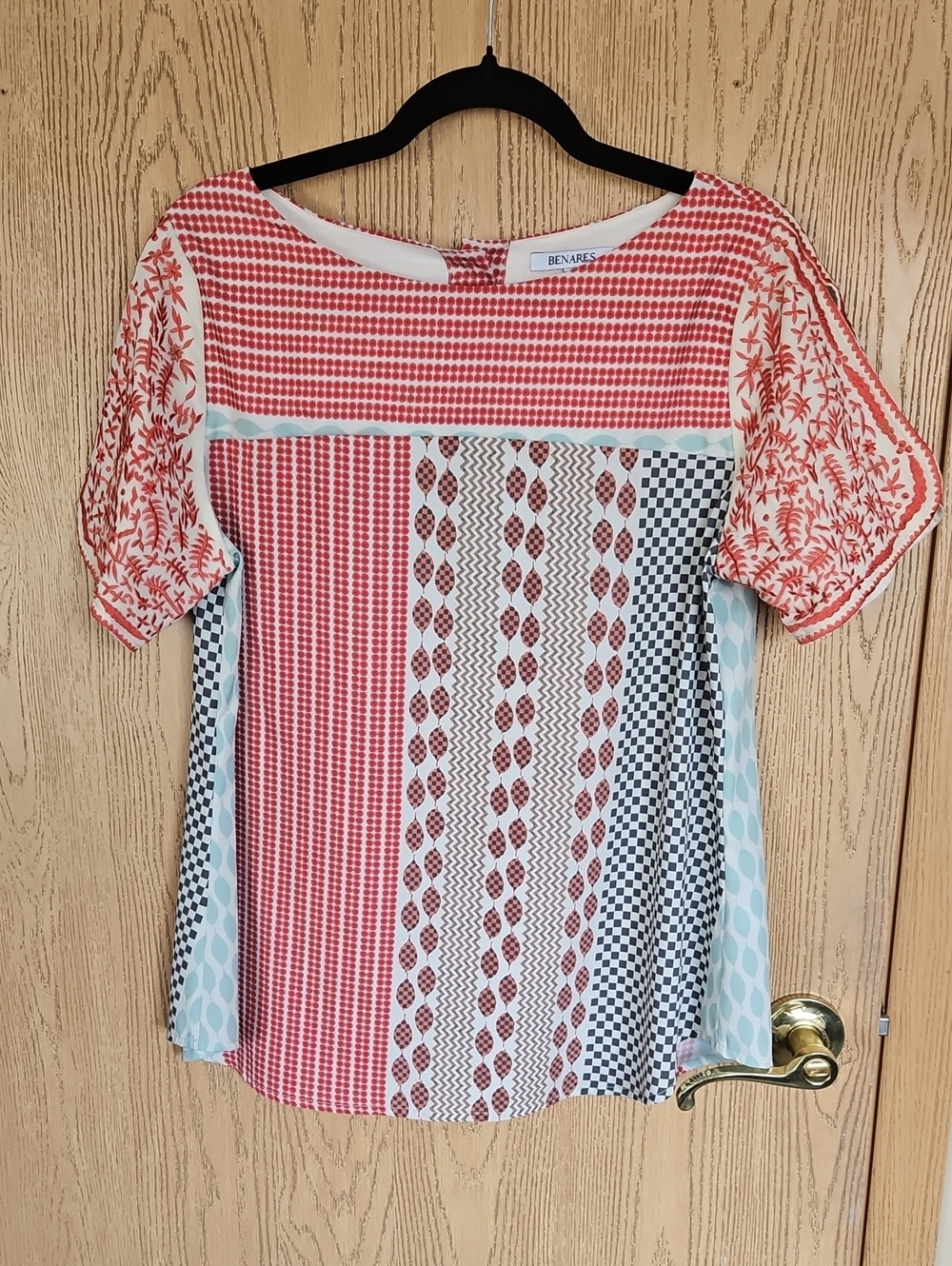 Benares Multi-Pattern Red & Light Blue Women’s Short Sleeve Top